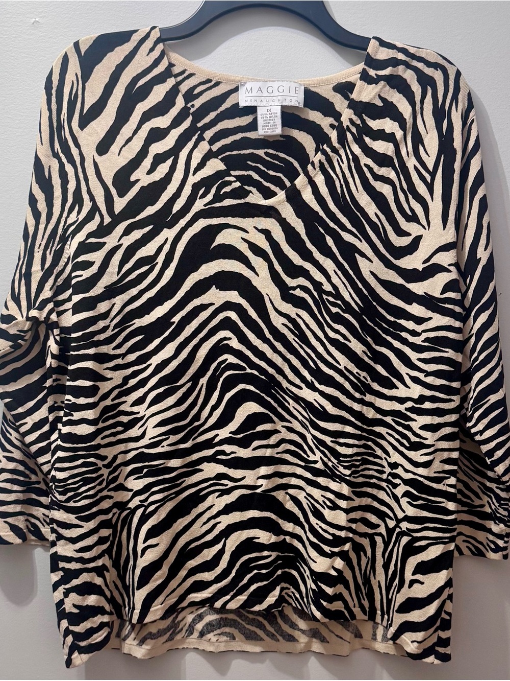 Maggie McNaughton Black and Cream Animal Print V-Neck Sweater, Size 1X